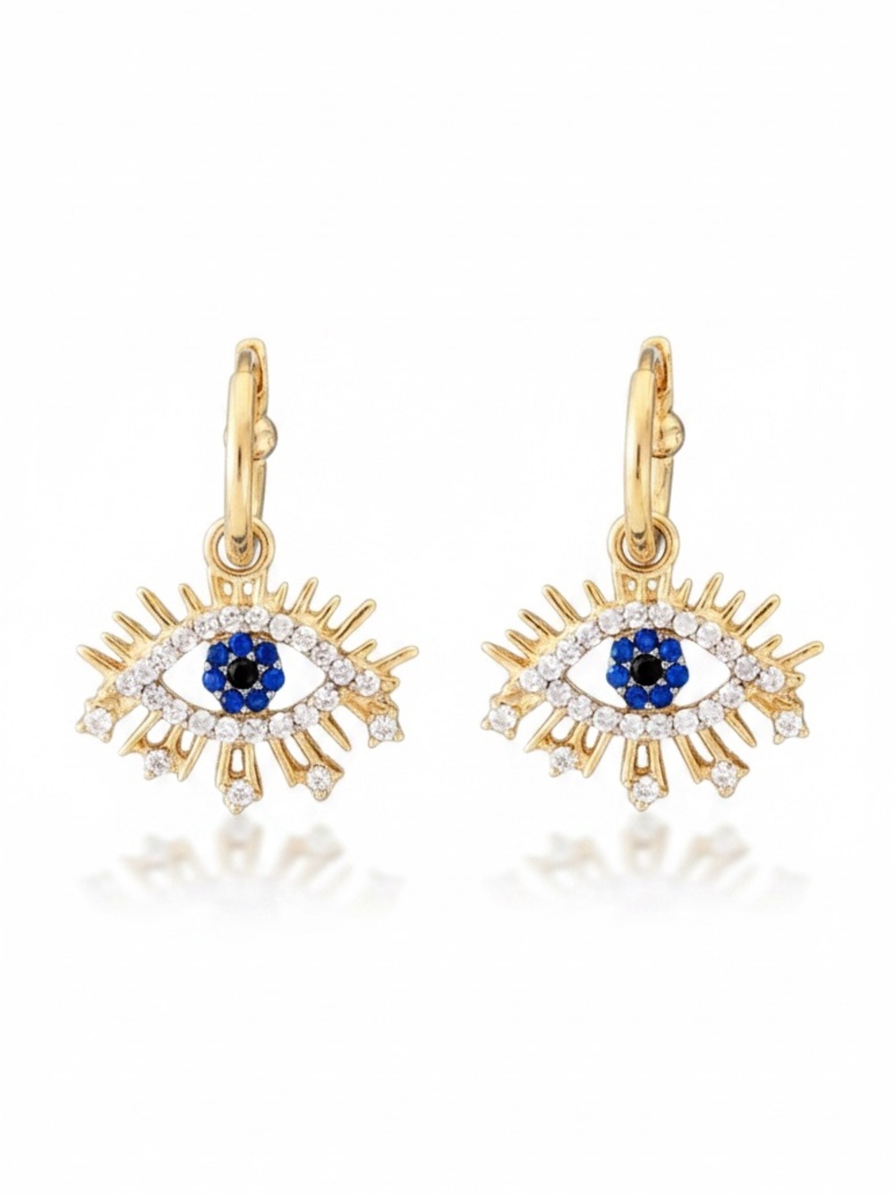 Gold Evil Eye Royal Blue Rhinestone Dangling 1.25" Gold Hoop Earring Protection